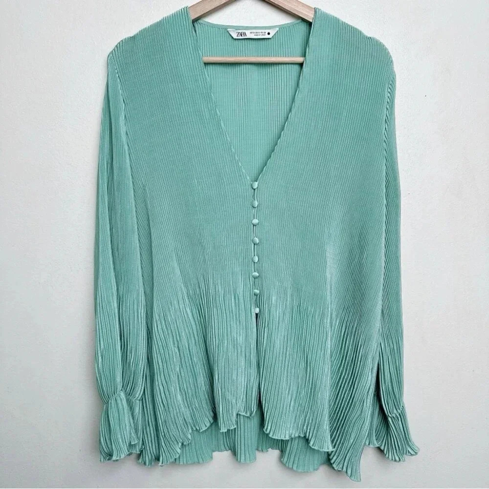 Zara Womens Size Small Pleated Green Button Blouse - Picture 2 of 14